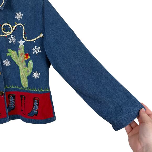Tantrums Women Mixed Media Denim Jacket Sz XXL Western Santa Rodeo Boots Cactus - Picture 3 of 6